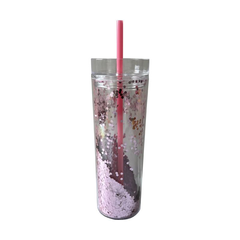 Wholesale creative double-layer plastic straw cups, cold drink cups, juice coffee cartoon water cups, and fashionable glitter cups Item Picture