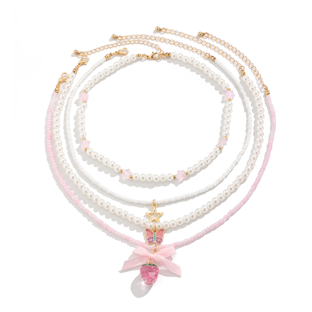 European and American cross-border jewelry, sweet style strawberry pendant, collarbone chain, cute pearl beaded multi-layer alloy necklace Item Picture