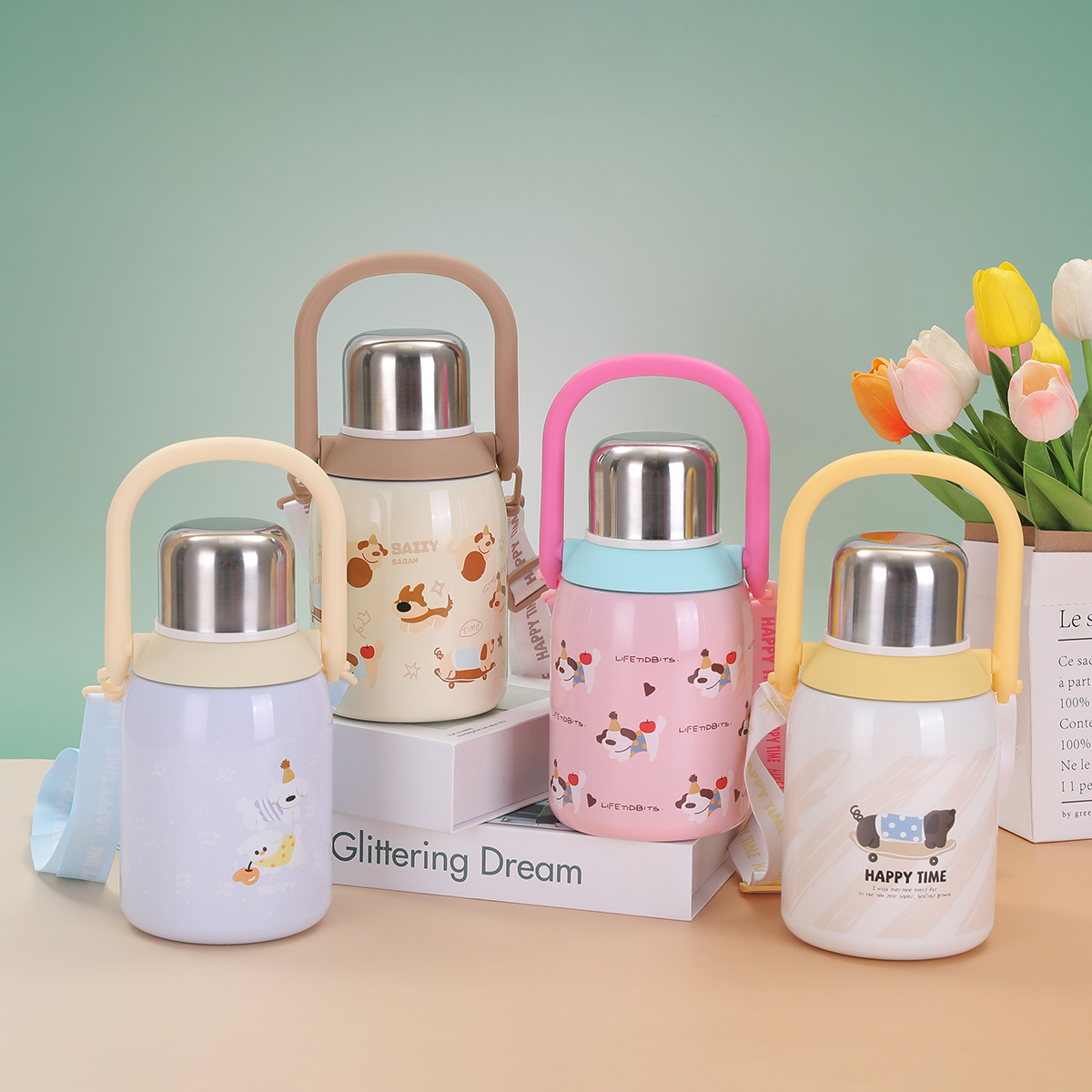 New double-drinking children's insulated cup, 316 stainless steel vacuum cup with tea strout, straw cup, large capacity, shoulder strap, tonnage pot full figure