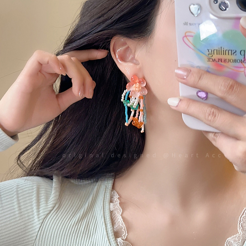 Dopamine-colored beaded earrings, sweet and feminine forest-themed earrings, niche high-end earrings, internet-famous best-selling earrings Specification drawing