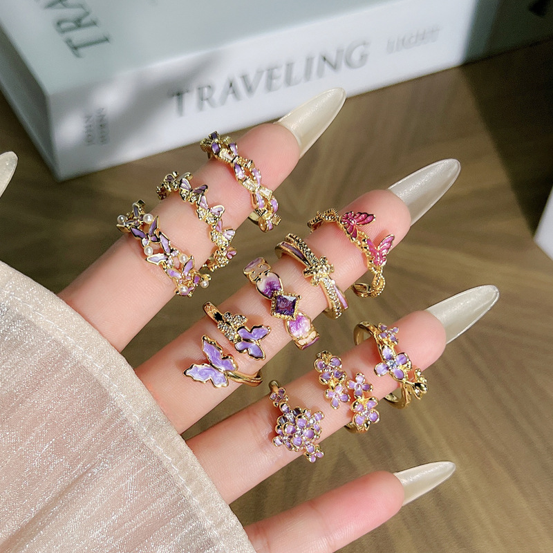 French retro golden butterfly dreamy purple flower open ring, a delicate, sweet, cool and high-end niche index finger ring for women details Picture