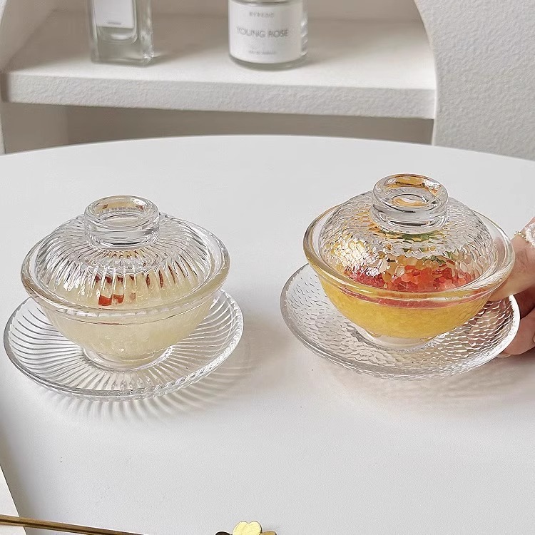 Bird's nest bowl, silver ear fungus small stew pot, glass transparent and exquisite home Chinese-style afternoon tea bowl and plate set with lid, dessert bowl details Picture