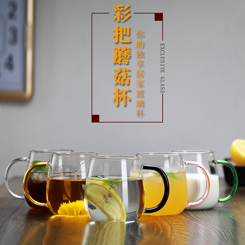 Simple office glass tea cups, transparent water cups, high borosilicate glass cups, single-layer cups, mushroom cups, glass cups with handles details Picture