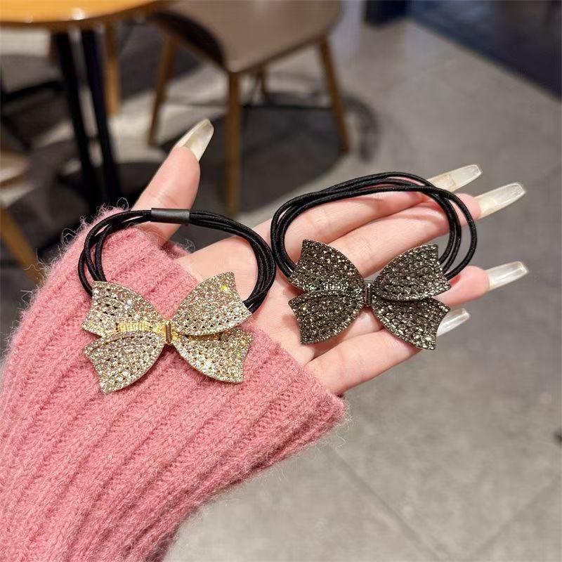 New bow diamond hair tie, black ponytail style hair tie, high-elasticity and durable bun hair band Specification drawing