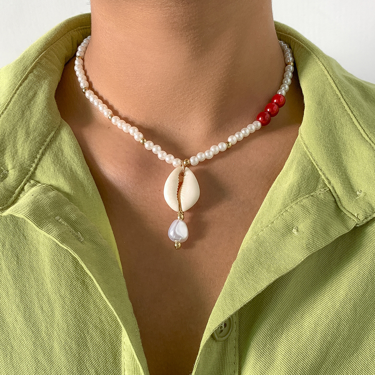 A pastoral vacation style color-blocking rice bead shell woven necklace, a European and American ethnic patchwork imitation pearl collarbone necklace for women Specification drawing