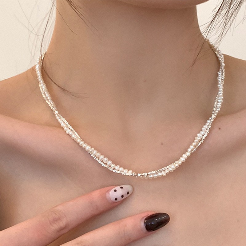 Double-layer silver pearl wound necklace for women, a unique and retro style, simple and versatile, elegant necklace and collarbone chain full figure
