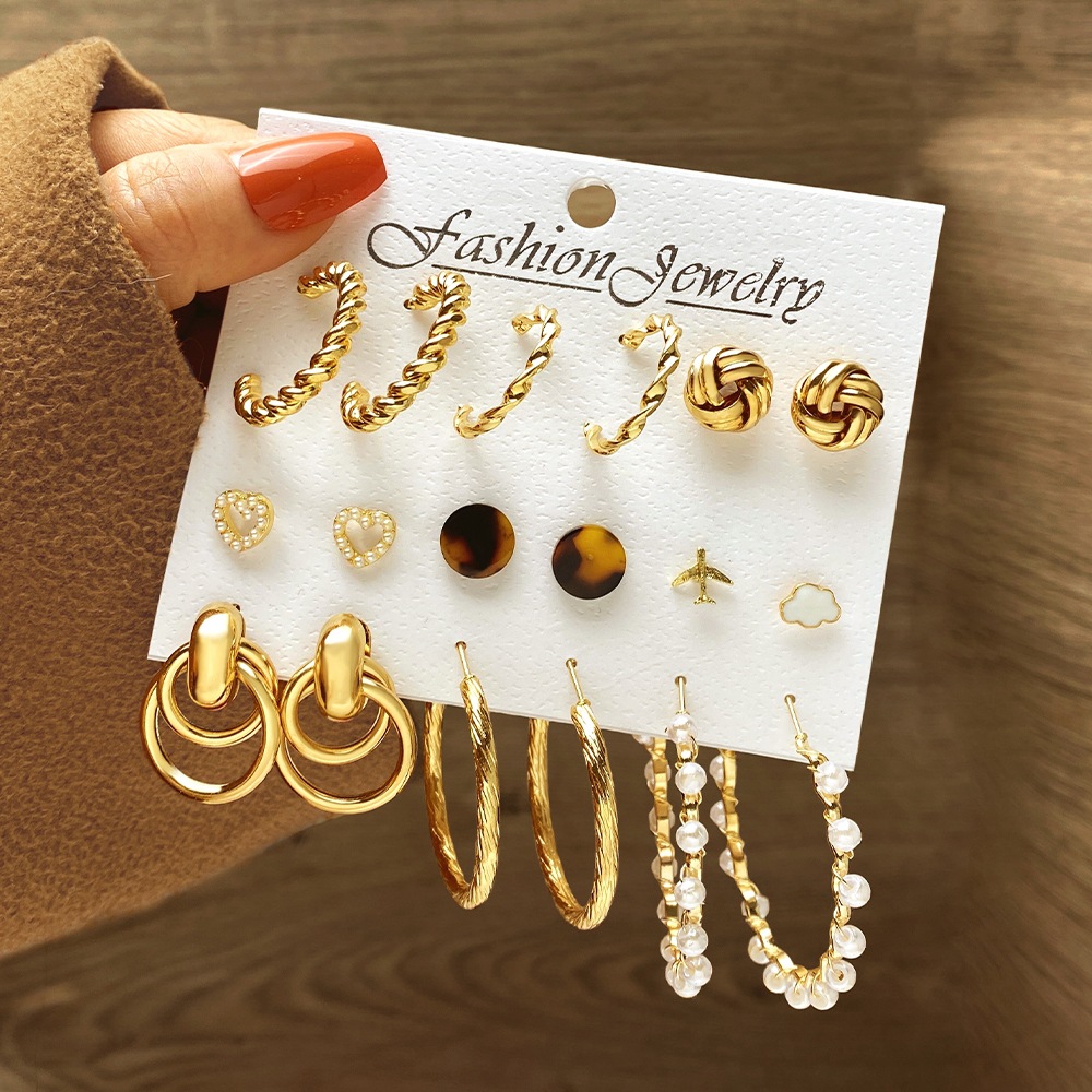 European and American cross-border creative, simple and elegant women's jewelry set, airplane white cloud stud earrings, pearl earrings 9-piece batch full figure