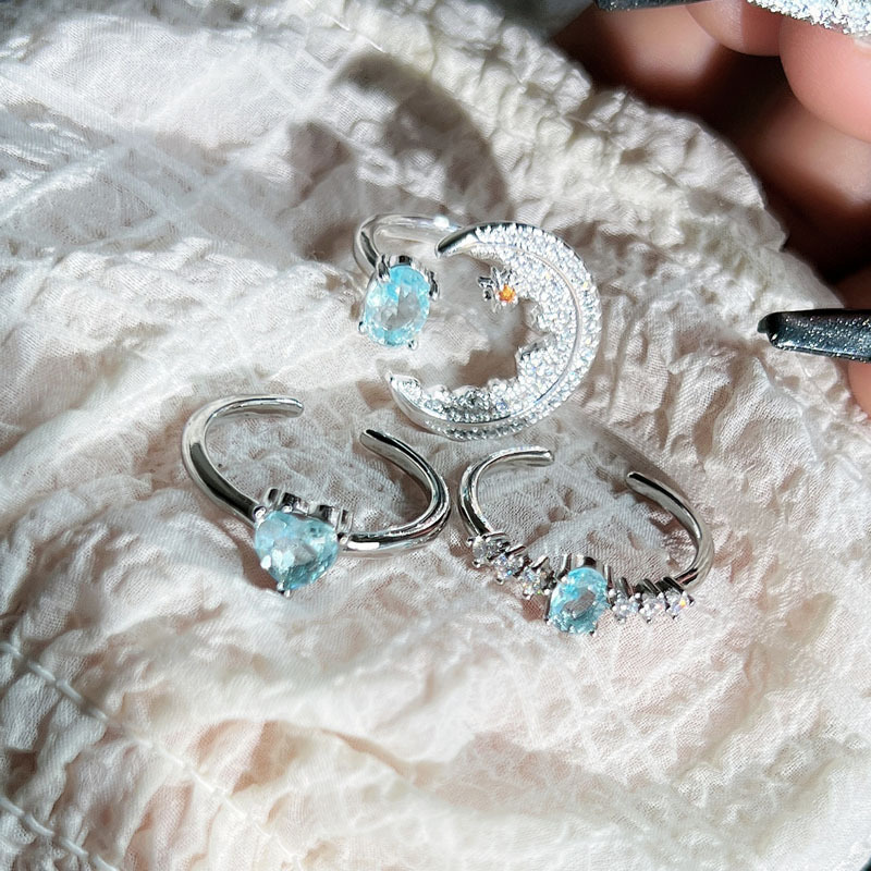 A simple and individual open ring with a blue diamond moon, a cold and fashionable style for women, and a unique and elegant index finger ring Specification drawing