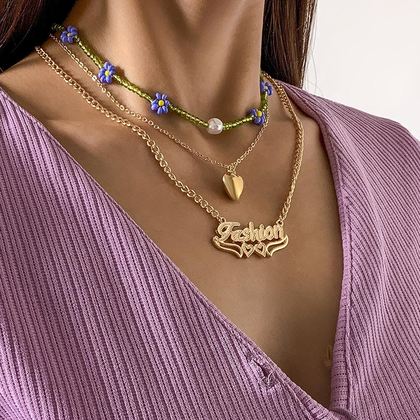 Simple and layered letter-shaped heart sweet and cool collarbone chain, retro imitation pearl flower rice bead necklace, European and American cross-border jewelry full figure
