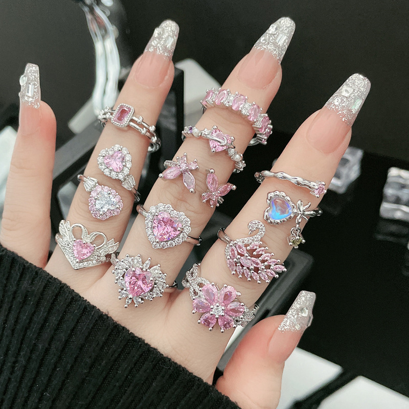 Light luxury pink diamond heart-shaped opening ring for women, sweet flowers, fashionable butterflies, swans, high-end and elegant, exquisite ring details Picture