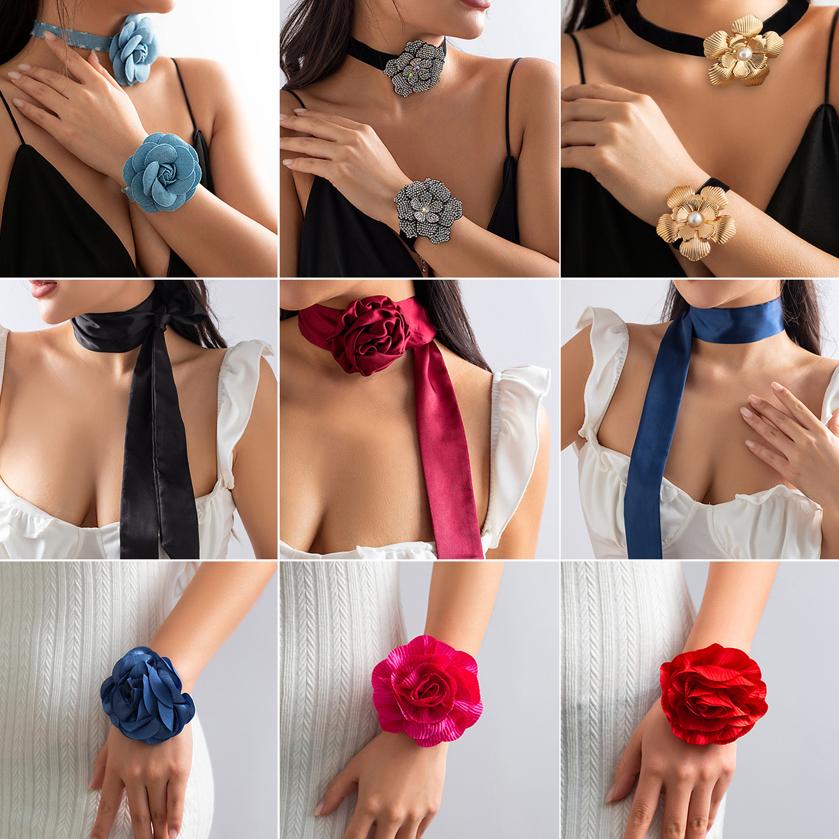 European and American cross-border accessories, niche retro necklaces, rose flower choker, tassel satin flower necklaces details Picture