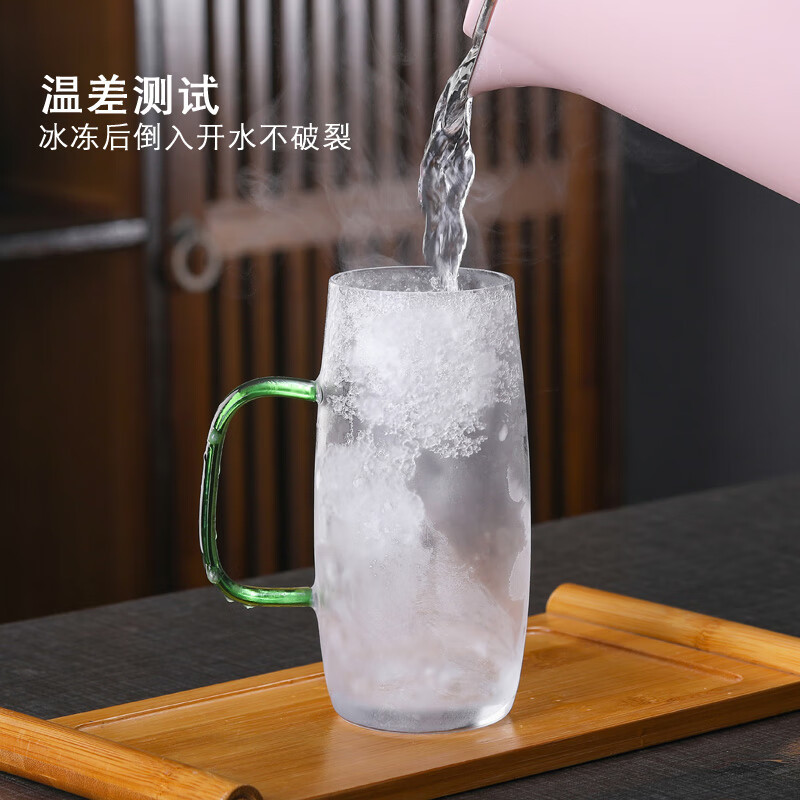 Large-capacity thickened colored handle high borosilicate glass cup, simple high-temperature resistant green tea cup, household transparent tea brewing cup Specification drawing