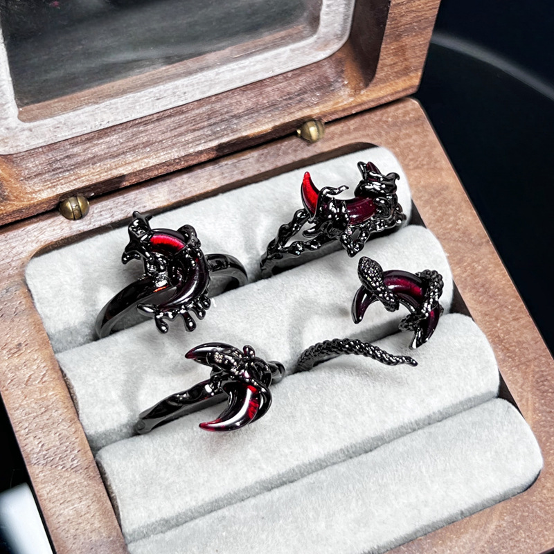 Unique red crescent-shaped lava opening ring for women, European and American dark punk fashion, thorny pleated ring trend Application Scenario