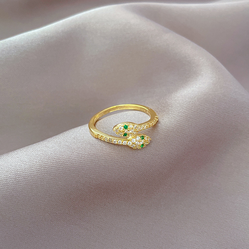 【 Real Gold 】 Green-eyed snake ring with adjustable opening, simple Japanese-style bracelet, couple rings Specification drawing