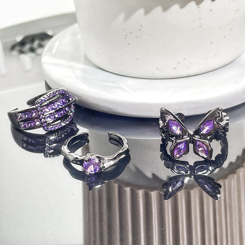 The dark belt buckle purple diamond butterfly opening ring with a niche design sense is a fashionable, unique, sweet, cool and exquisite ring for women full figure