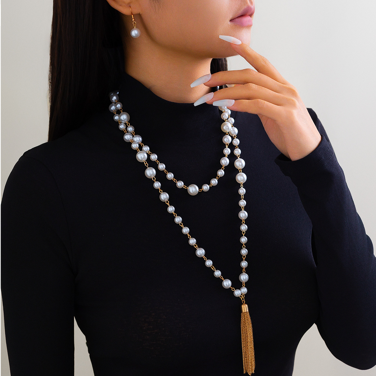 European and American cross-border goods cold style pearl beaded sweater chain set, personalized tassels Necklace multiple layers full figure