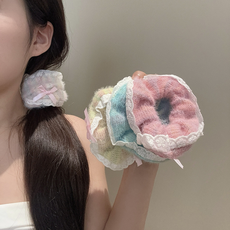 Fairy-like sweet lace large intestine hair band, cute hair tie, girlish forest-style bow, woolen knitted hair band full figure