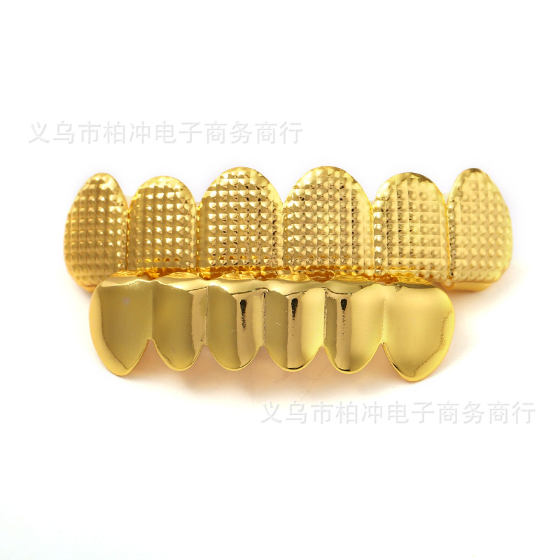 Lattice striped hip-hop braces 18k gold-plated six-toothed golden teeth Halloween vampire dentures accessory grills hee Item Picture
