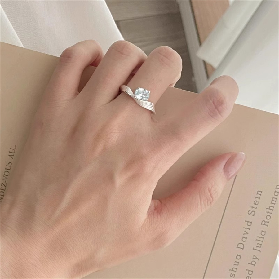 S925 Pure silver blue zircon geometric Wave ring for women, a niche, high-end, and cold style with a texture, open index finger ring details Picture