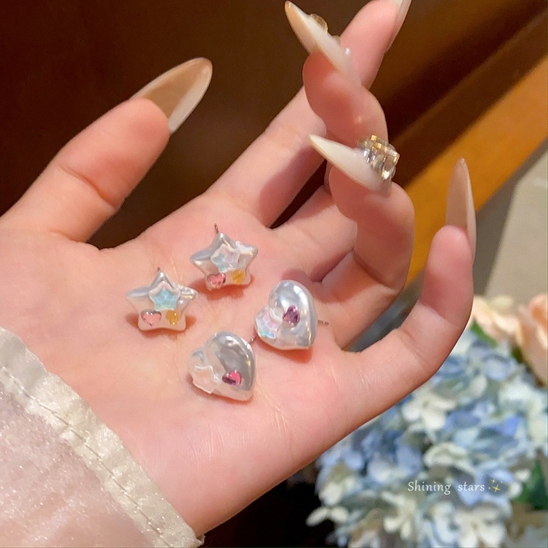 Colorful zircon heart-shaped star stud earrings for women, dopamine fresh and sweet earrings S925 silver needle earrings wholesale Specification drawing