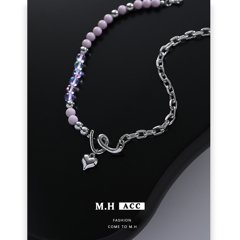 Purple beaded heart-shaped necklace for women wholesale, exquisite and versatile, sweet and cool, spicy girl sweater chain, high-end and trendy light luxury necklace details Picture