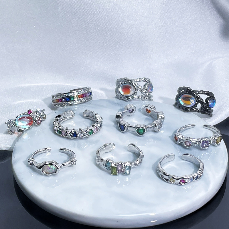 French sweet and cool colored zircon open ring, a fashionable and elegant woman's delicate layered ring, a cold style autumn and winter accessory details Picture