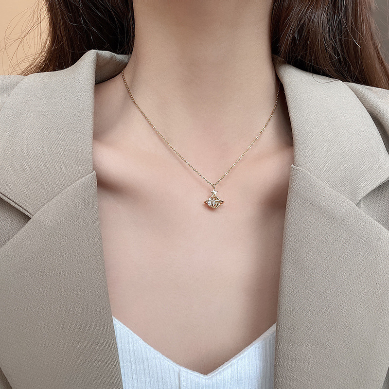 Korean version personalized planet crystal pendant necklace, versatile and elegant titanium steel collarbone chain neck chain accessory wholesale light luxury details Picture