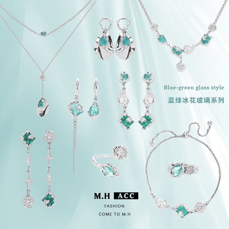 Original blue and green ice flower glass earrings, long and high-end zircon earrings, new autumn and winter fashion and versatile earrings for women full figure
