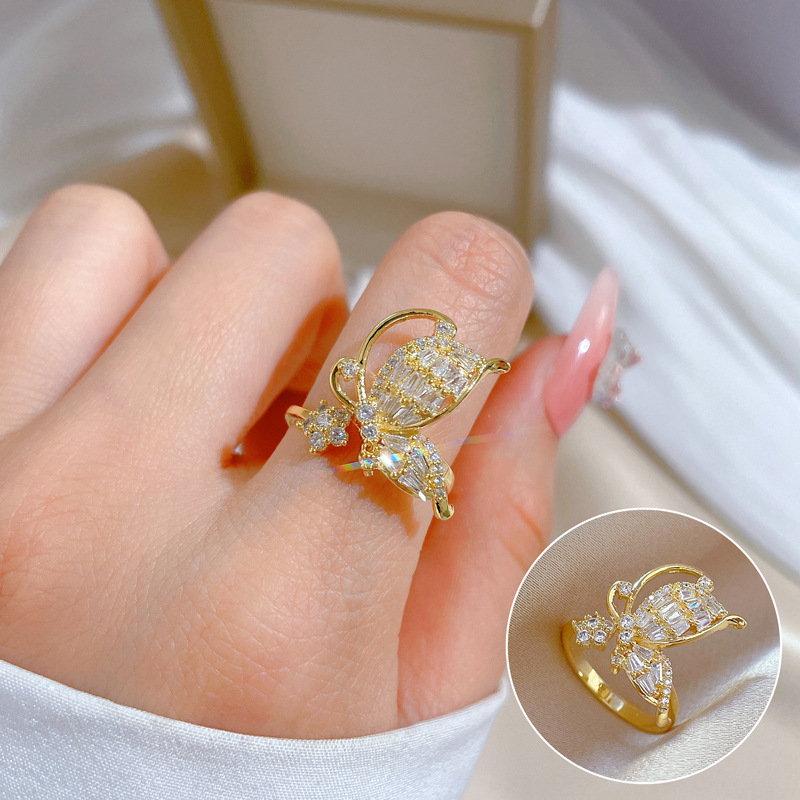【 Real Gold 】 Bow zircon ring with adjustable opening, simple Japanese-style bracelet, couple rings full figure