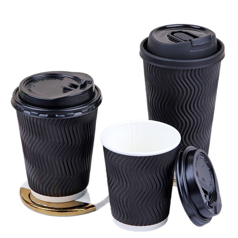 8-ounce disposable coffee cups, heat-resistant corrugated paper cups, black S wavy corrugated cups made of kraft paper, full boxes for export Item Picture