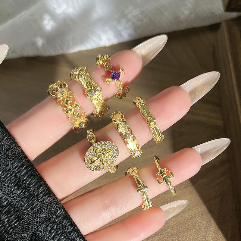 Italian woven pattern engraved gold court style iris flower brushed elegant open ring women's niche fashion light luxury ring full figure