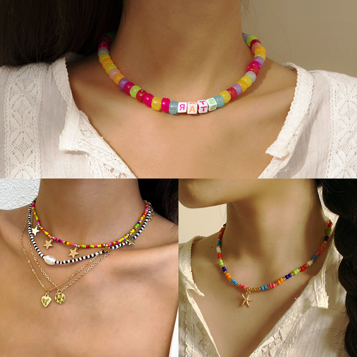 A cross-border handcrafted beaded soft ceramic smiling face necklace from Europe and America, with a unique and simple style and a mix of rice beads and stars details Picture