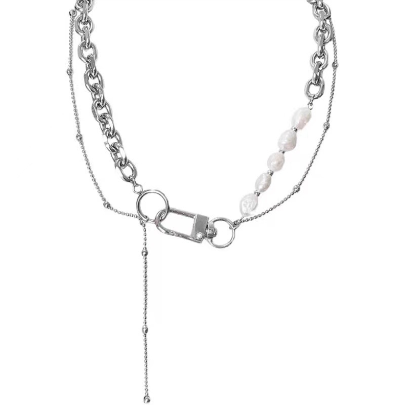 Double-layer freshwater pearl spliced necklace for women in Instagram, trendy hip-hop punk, titanium steel, non-fading, layered and versatile collarbone chain Item Picture