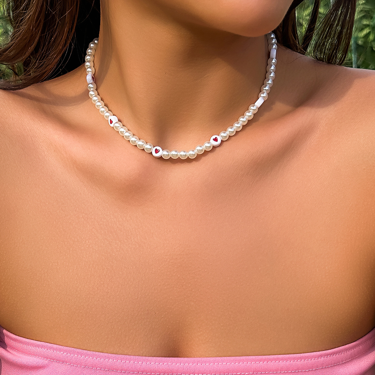 European and American cross-border jewelry, Bohemian vacation country versatile necklace, sweet and simple imitation pearl heart necklace full figure