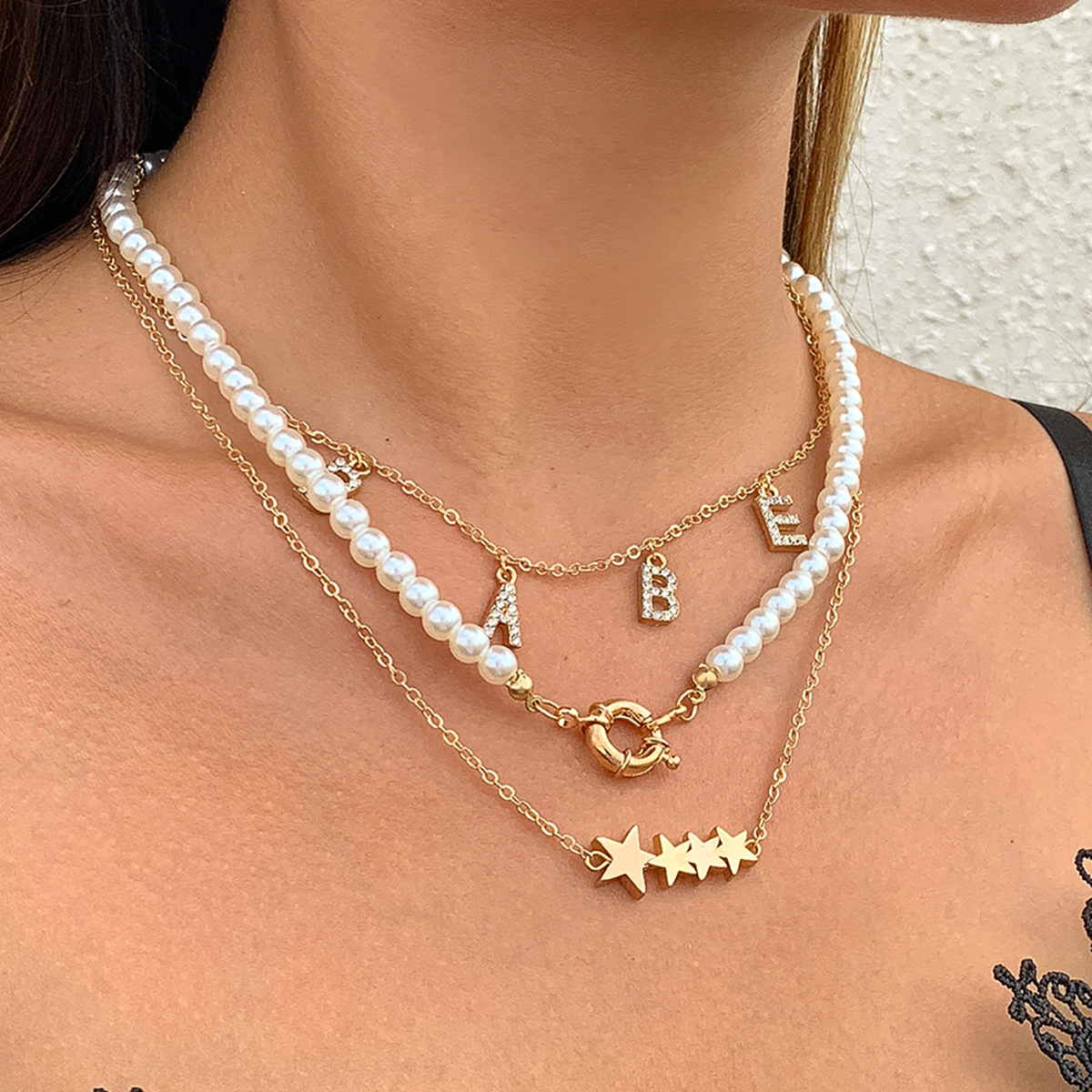 European and American cross-border jewelry, retro mixed and matched imitation pearl chain necklace, studded with water diamonds, star-shaped letters, stacked necklaces for women full figure