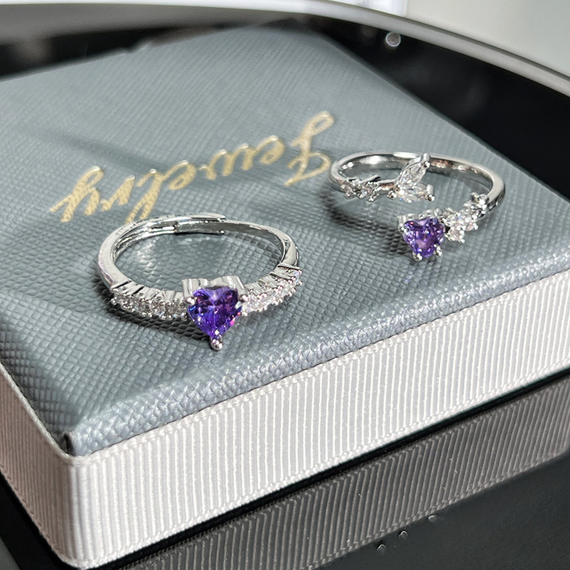 Sweet, cool and high-end heart-shaped purple diamond niche open ring for women's Instagram cold style Korean style fashionable index finger ring Specification drawing