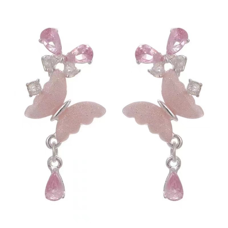 The new cream pink butterfly earrings for spring and summer are sweet and versatile for women. The zircon pendant stud earrings are fresh and unique Item Picture
