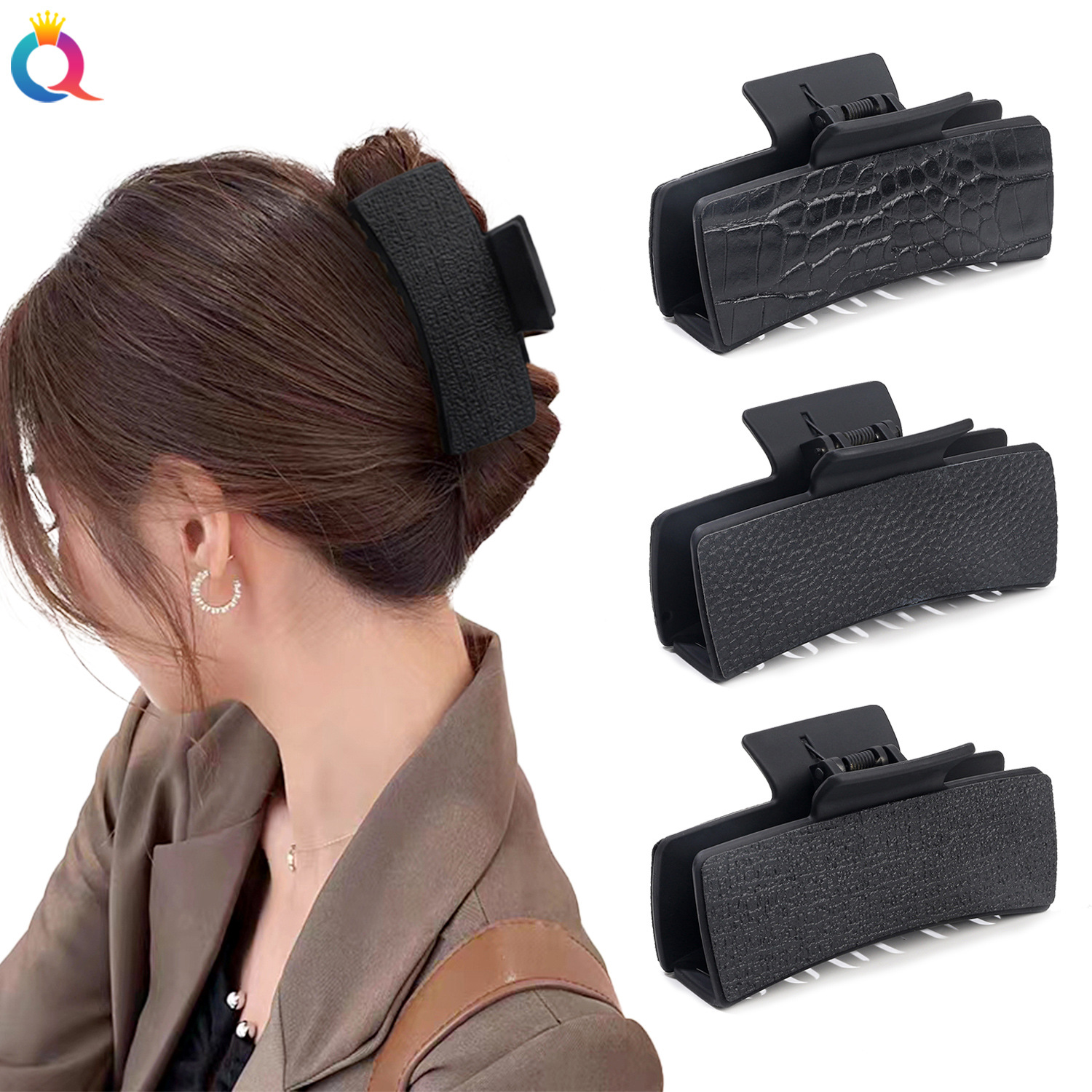 Qiyue Cross-border PU Shark Clip, black hair clip, Amazon retro square clip, updo, grappling clip, women's leather hair accessory full figure