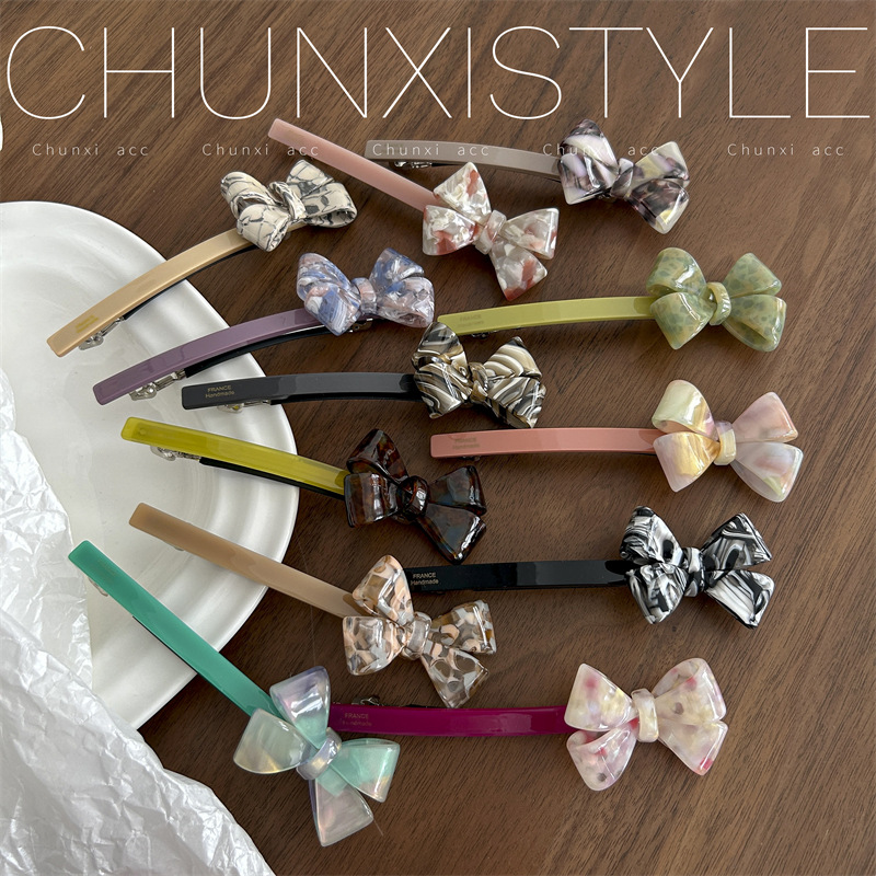 Korean style acetic acid bow hair clip, women's back head updo one-line clip, popular 2023 new spring clip full figure