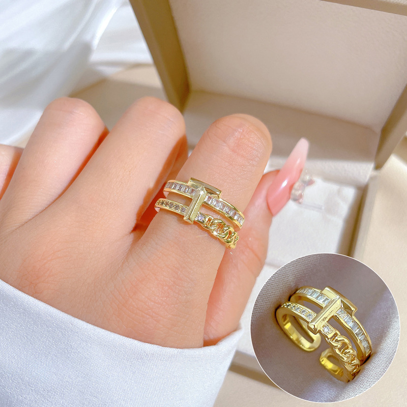 【 Real Gold 】T zirconium chain Full diamond ring with adjustable opening, simple jewelry, Japanese-style ring couple rings full figure