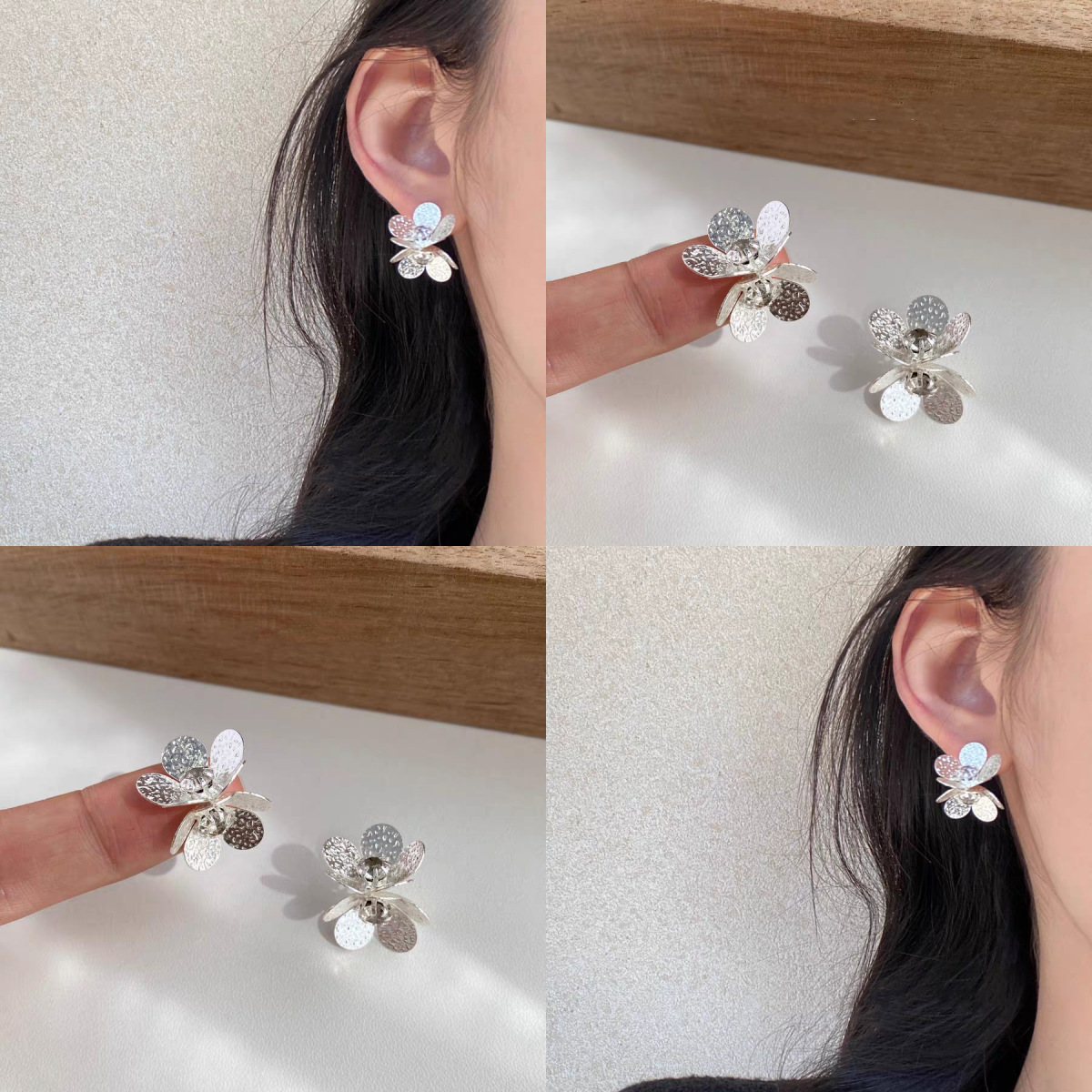 Luoshan Tea 2025 New style tin foil textured zircon flower stud earrings, Korean-style delicate and cold style earrings full figure