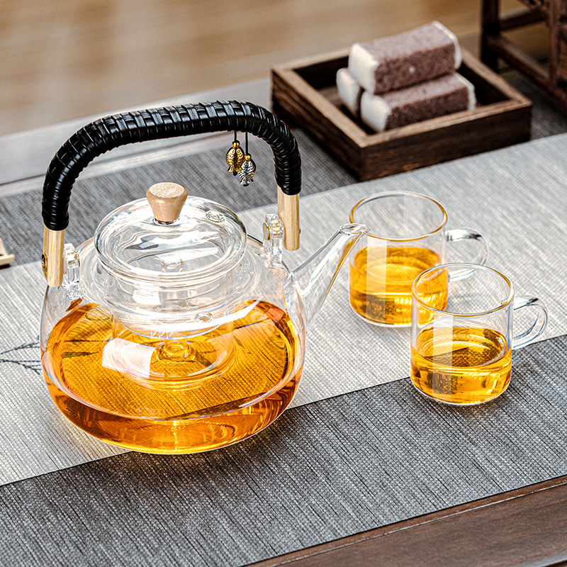 Chinese-style teapot for both home and office use, with a rattan handle for tea ceremony, large-capacity dual-purpose for steaming and boiling, and heat-resistant glass kettle full figure