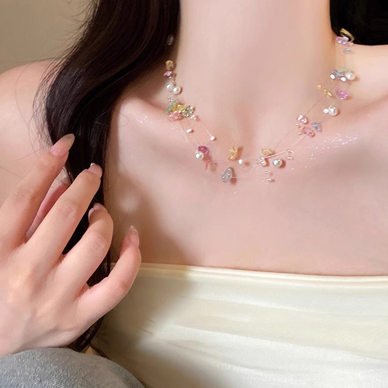 Colorful stone pearl necklace, Women's Summer 2025 new dopamine necklace accessory, light luxury and versatile collarbone chain full figure