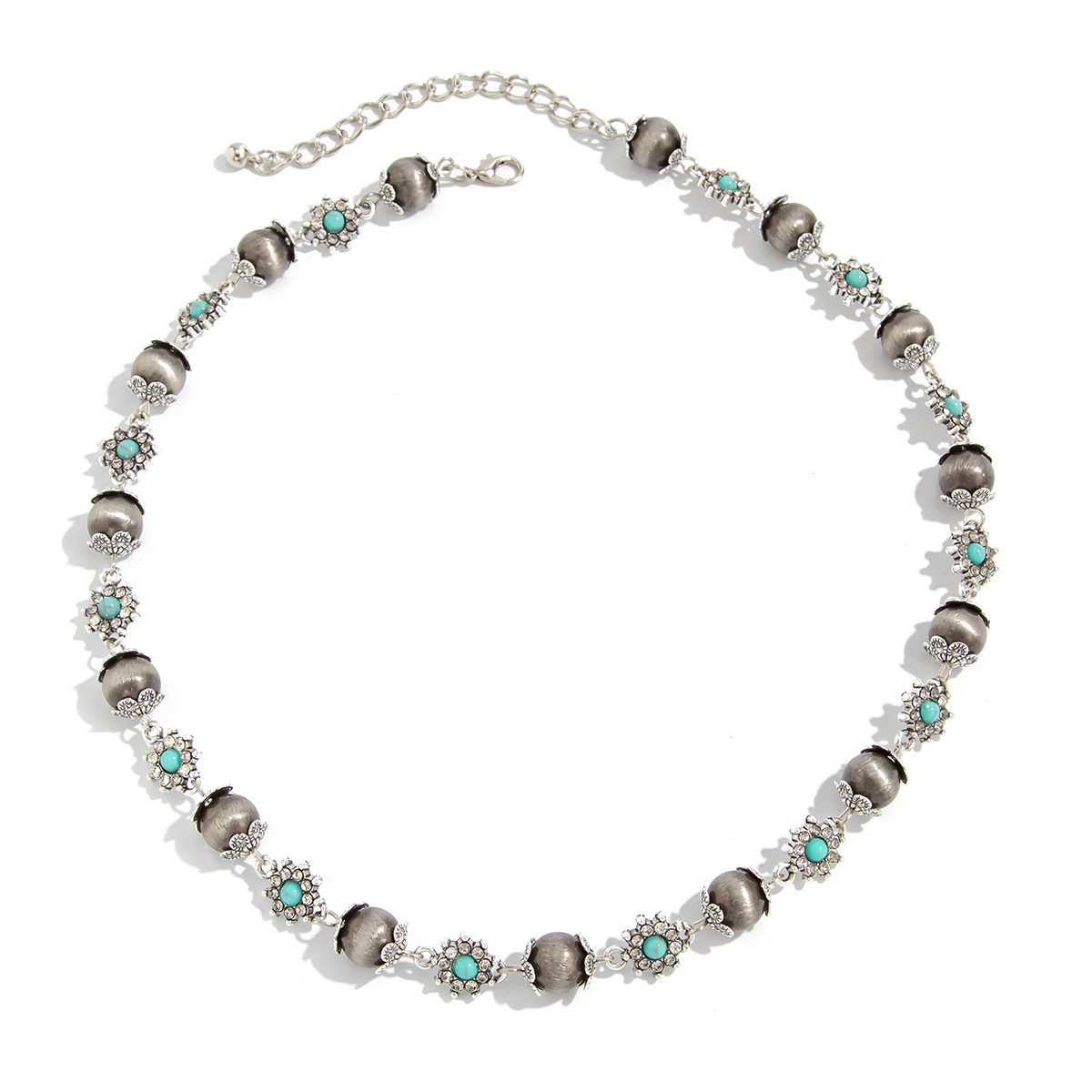 European and American cross-border jewelry, high-end diamond-encrusted small flower collarbone chain, cold style antique tin brushed CCB beaded necklace Item Picture