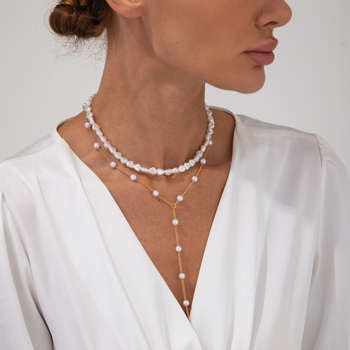 European and American cross-border jewelry, high-end pearl beaded multi-layer collarbone chain, personalized Y-shaped pearl tassel necklace set details Picture