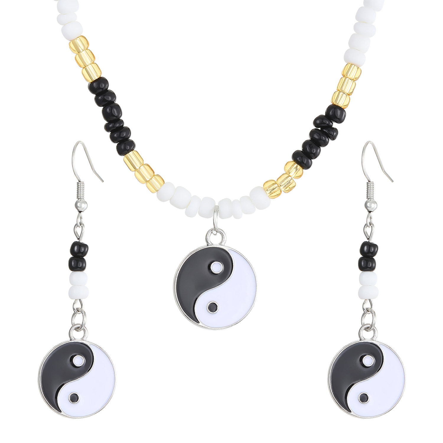 European and American cross-border retro beaded necklace, earrings, jewelry, women's set, black and white Tai Chi, Bagua, Yin and Yang earrings, collarbone chain Item Picture