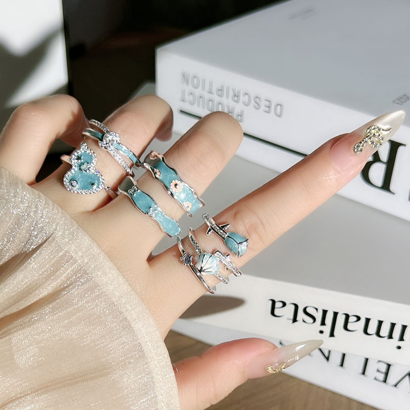 A dreamy ocean-style blue glazed gourd flower open ring with a cold and unique design sense for women's daily life details Picture