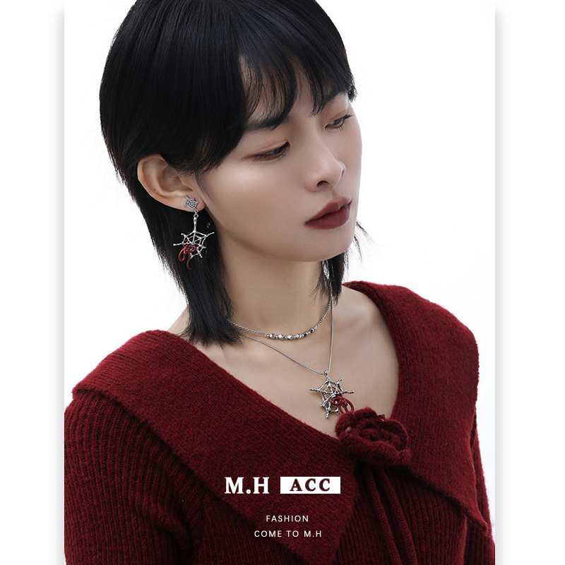 Original trap series spider web Ins-style hollowed-out spicy girl dark style necklace, sweet and cool niche design earrings ring details Picture