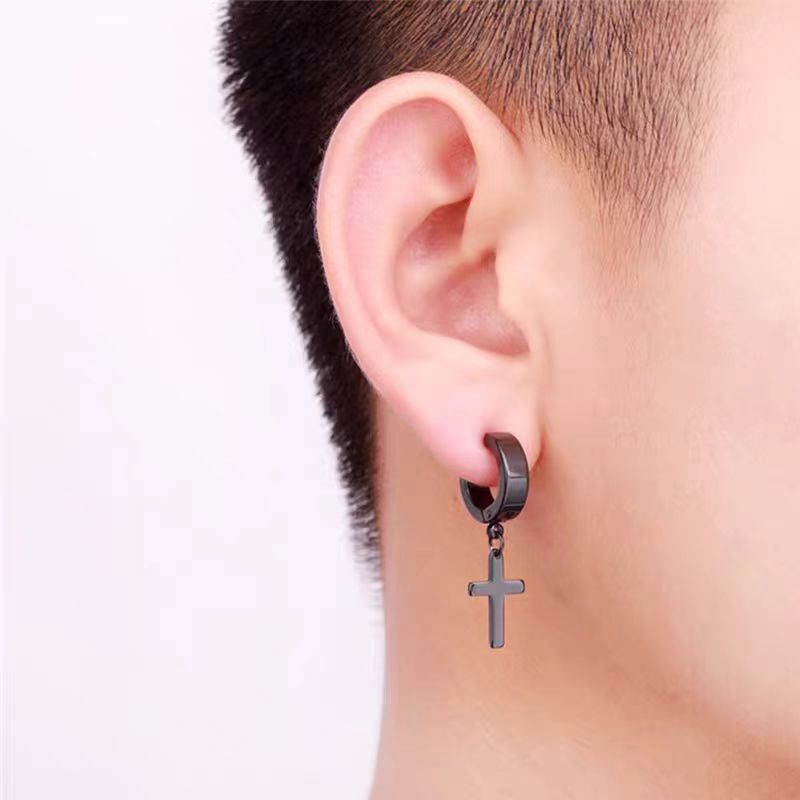 American stainless steel cross earrings, hip-hop and cool, niche design, no ear piercings, cold style male earrings details Picture