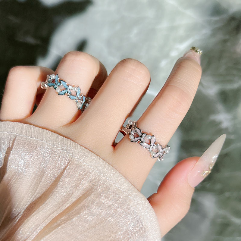 Summer forest-themed drip-glazed butterfly pearl inlaid elegant open ring, a cold and feminine style, unique and versatile ring details Picture